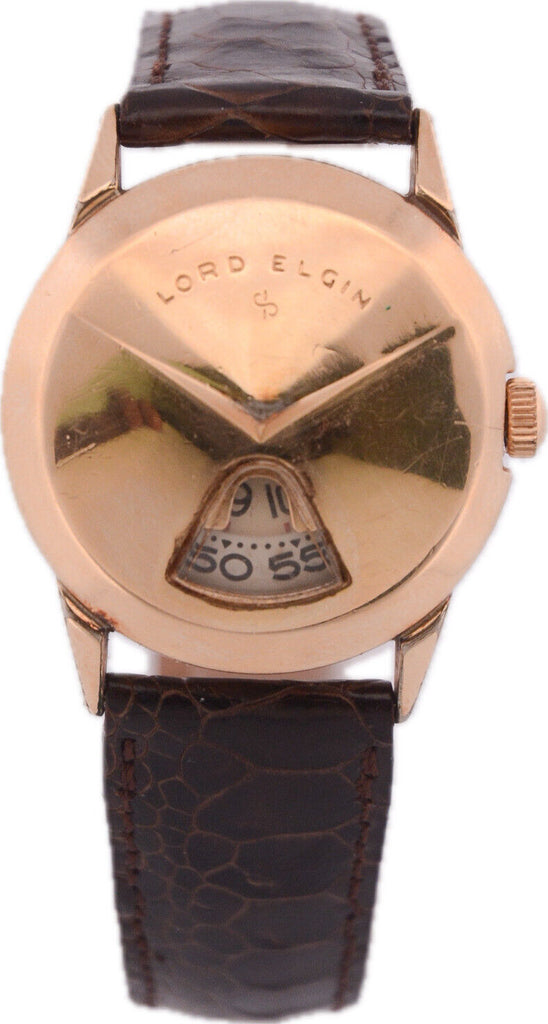 Vintage 31mm Elgin Chevron Jump Hour / Direct Read Men's Wristwatch 719 14k GF