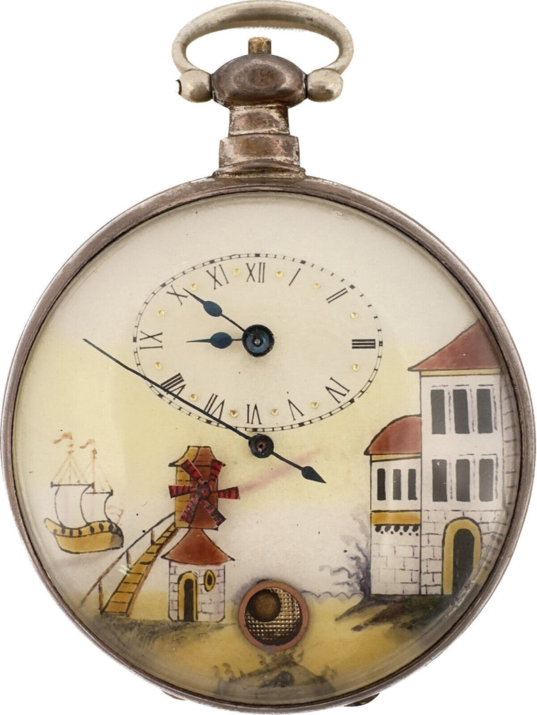 Antique Chinese Market w Pendulum & Moving Windmill Key Wind Pocket Watch