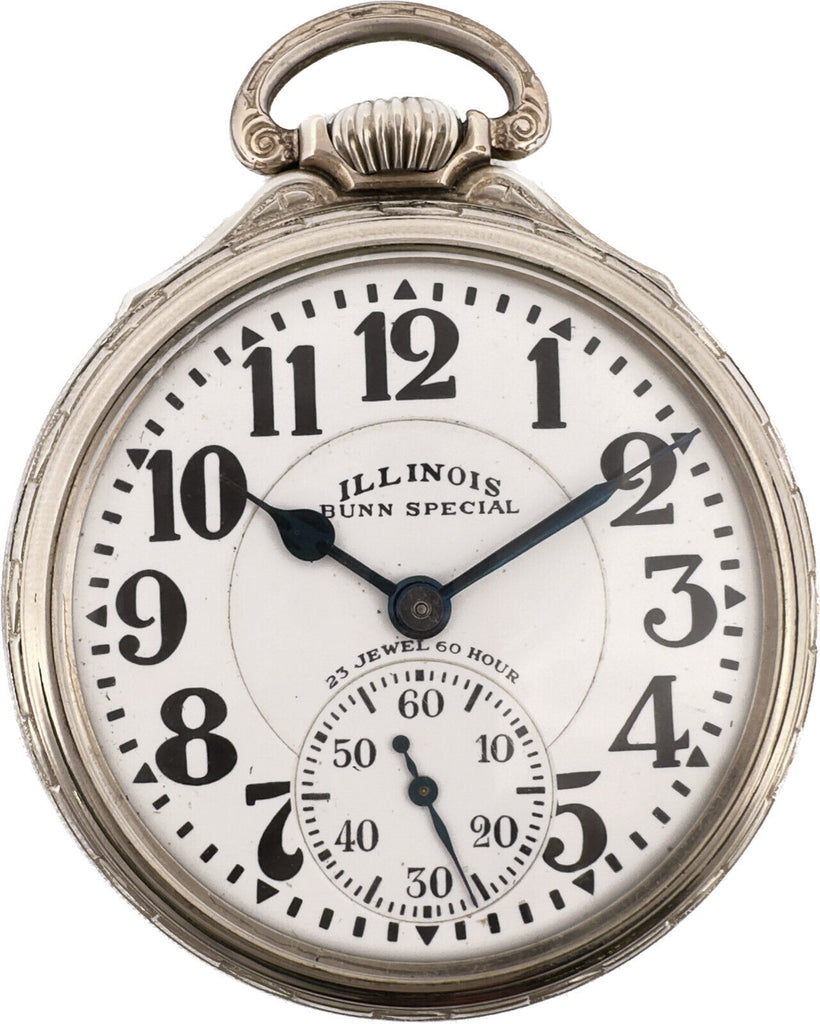 Antique 16S Illinois Model 28 23 Jewels Pocket Watch Type III Bunn Special 60 Hour White Gold Filled