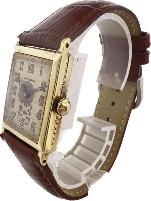 Vintage Waltham 15 Jewel Men's Mechanical Wristwatch 14k Gold Deco Rectangular
