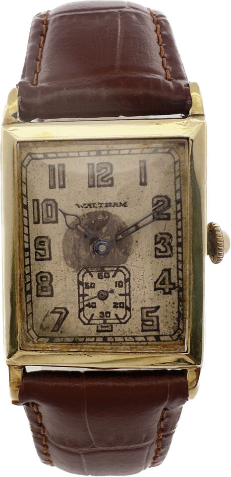 Vintage Waltham 15 Jewel Men's Mechanical Wristwatch 14k Gold Deco Rectangular