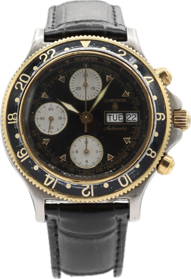 Vintage Chrysos Diver Men's Automatic Chronograph Wristwatch 7750 18k Gold Bezel