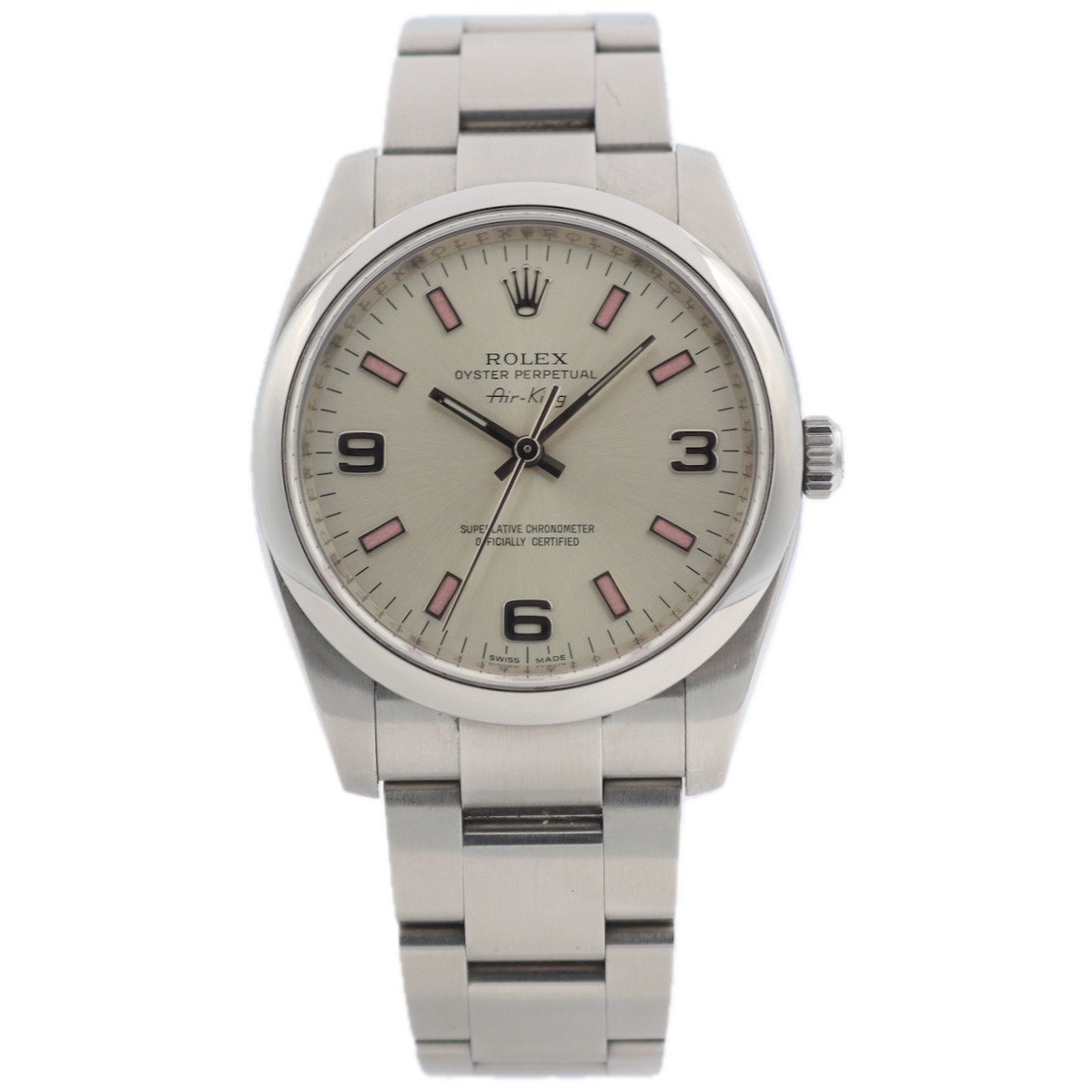 Rolex Smooth Bezel, Silver Dial, Arabic & Pink Stick Indices 114200 2011