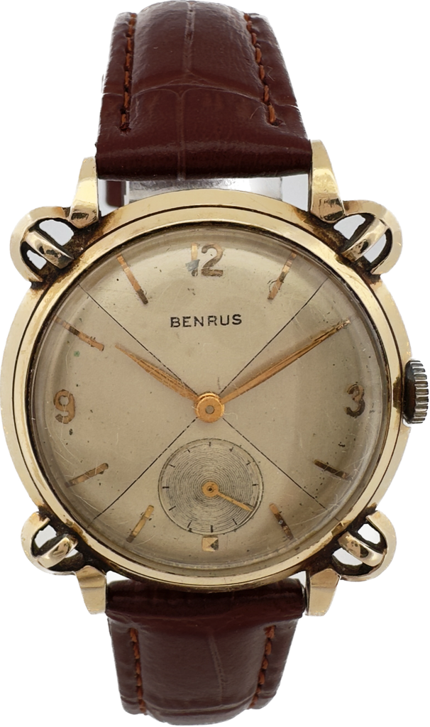 Vintage Benrus 17 Jewel Men's Mechanical Wristwatch BB14 14k Gold w Knotted Lugs