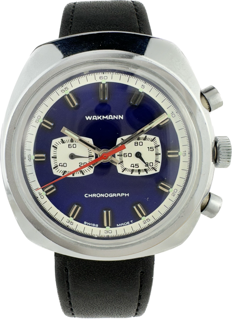 Vintage Wakmann Men's Mechanical Chronograph Wristwatch Swiss Blue Dial Running