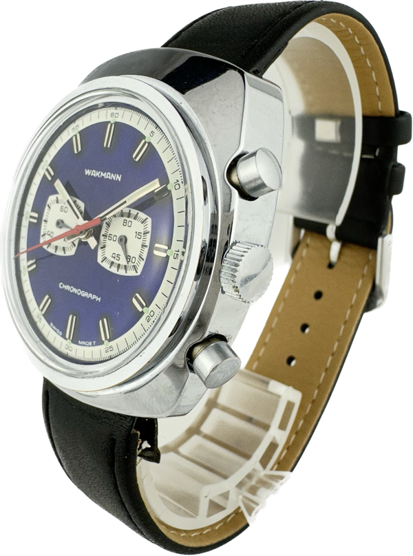 Vintage Wakmann Men's Mechanical Chronograph Wristwatch Swiss Blue Dial Running