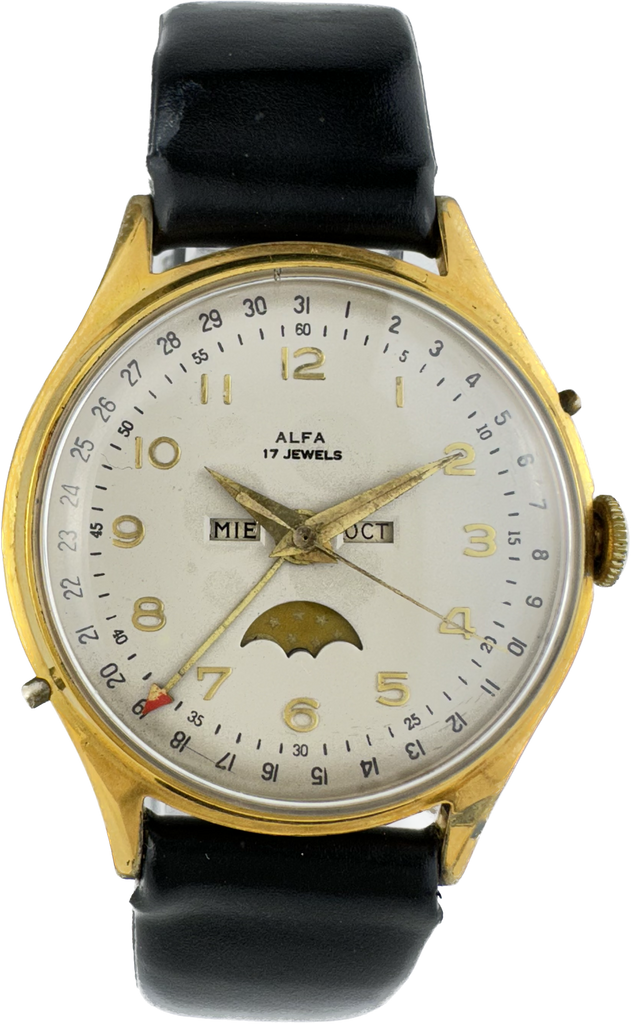 Vintage Alfa Men's Mechanical Wristwatch Valjoux 89 Triple Date Moonphase Runs