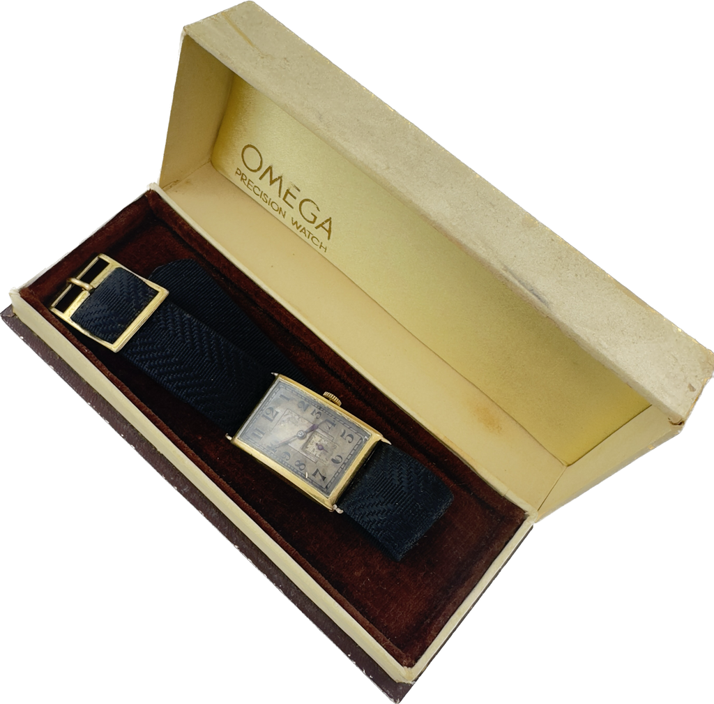 Vintage Omega Men's Mechanical Wristwatch 19.4 18k Solid Gold Tank Wire Lug with Box