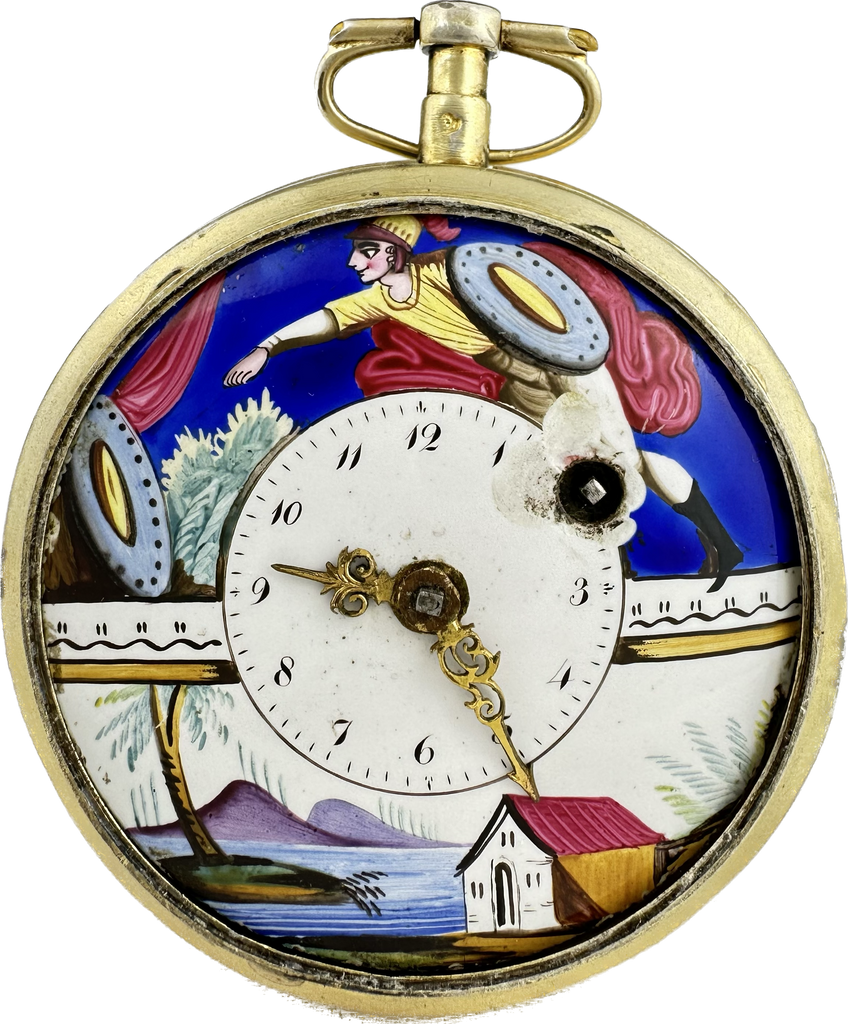 Antique Key Wind Fusee Pocket Watch French w Fancy Enamel Painted Scene Dial