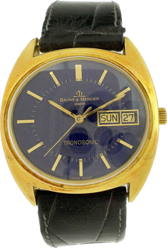 Vintage Baume & Mercier Tronosonic Men's Wristwatch 18k Gold Chunky w Blue Dial