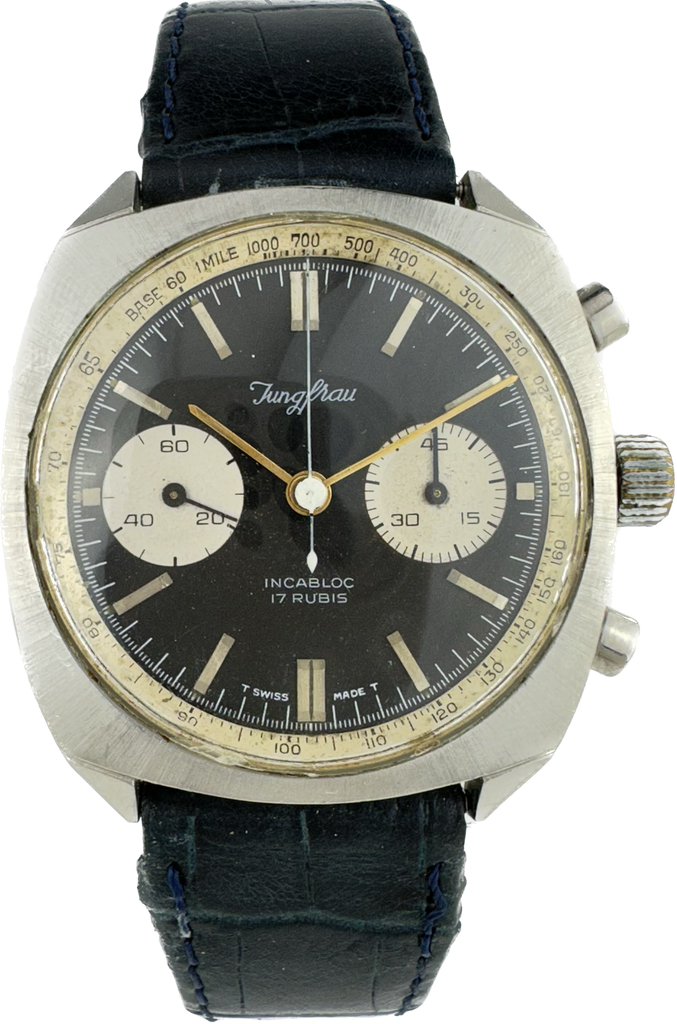Vintage Jungfrau Mens Chronograph Wristwatch Landeron 49 Stainless Reverse Panda