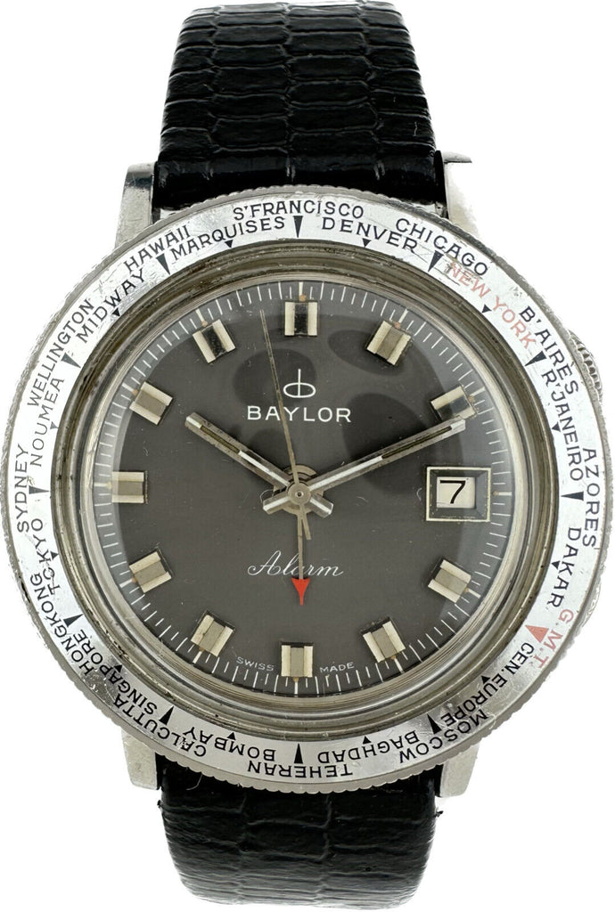 Vintage Baylor World Time Men's Mechanical Alarm Wristwatch Stainless Steel