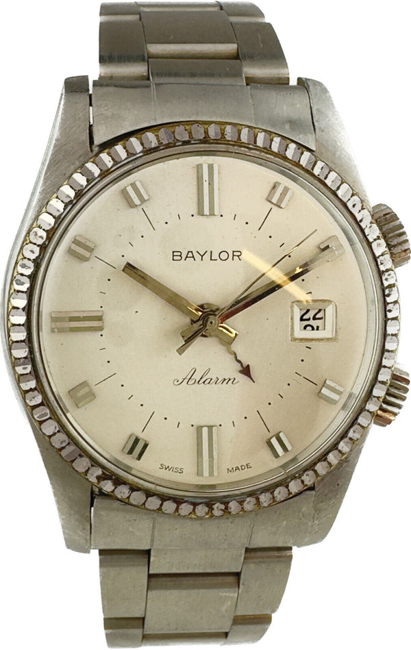 Vintage Baylor Mechanical Alarm Wristwatch AS 1568N Swiss Steel w Fluted Bezel
