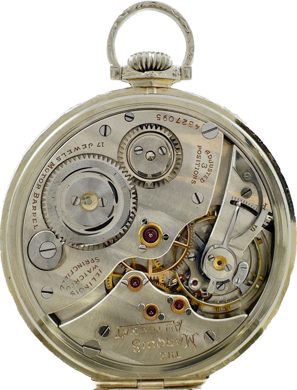 Antique 12S Illinois Marquis Autocrat Pocket Watch 14k White Gold Rare Bark Dial
