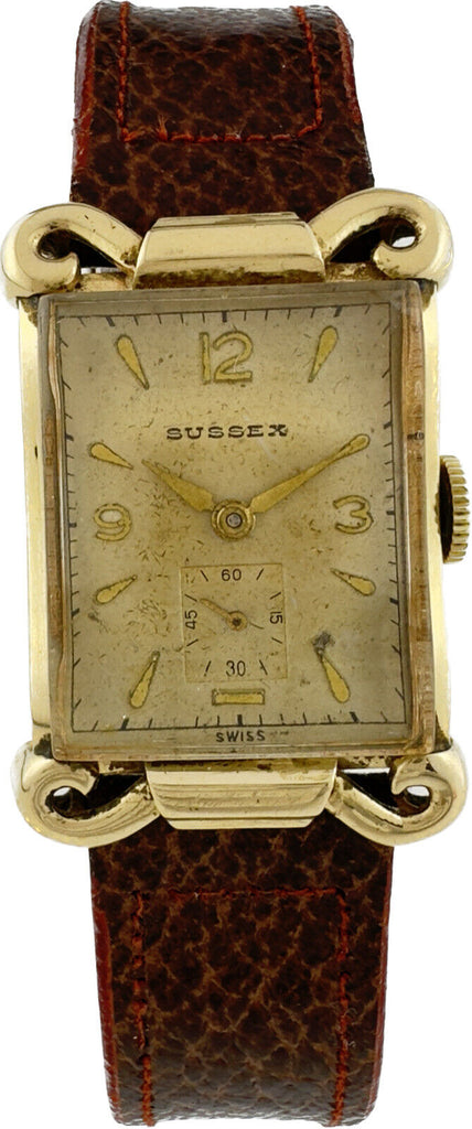 Vintage Sussex 17 Jewel Men's Mechanical Wristwatch 14k Gold w Mustache Lugs