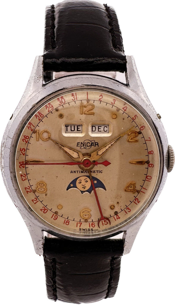 Vintage Enicar Triple Date Moonphase 160 Men's Mechanical Wristwatch Swiss Runs