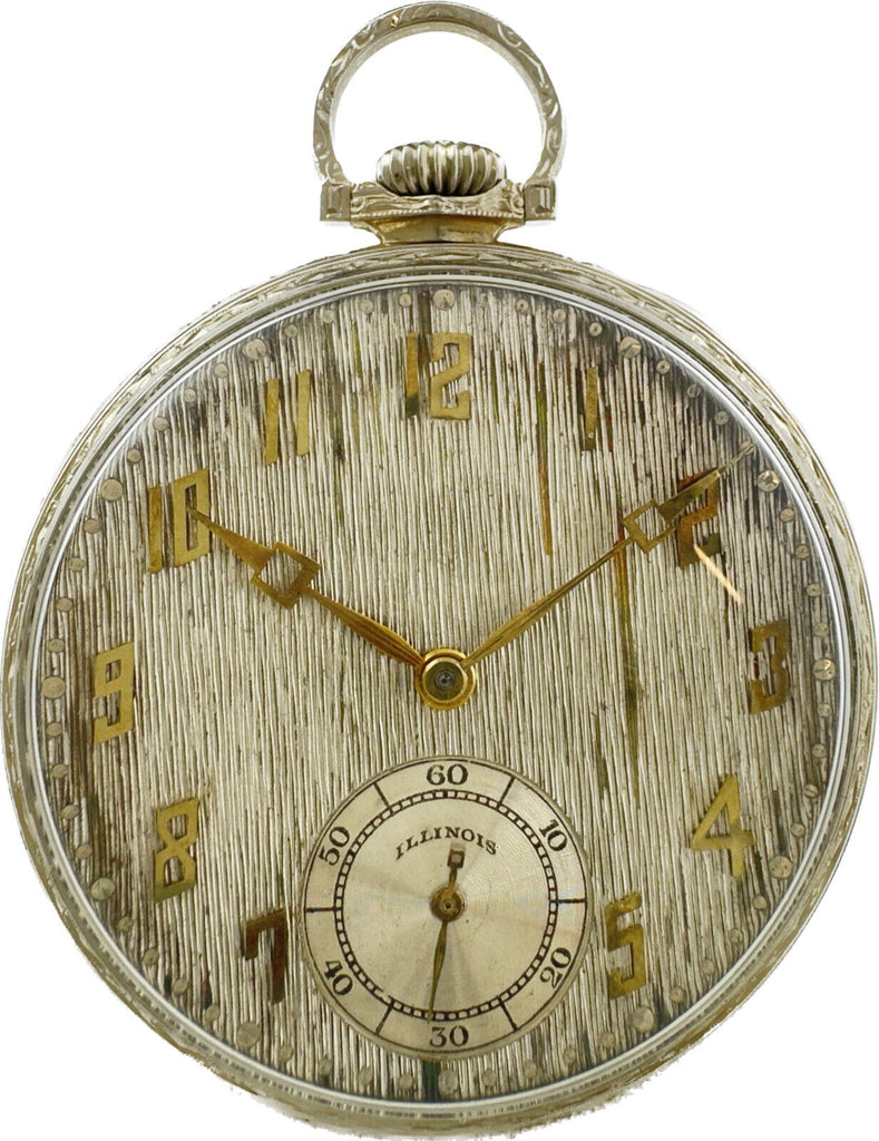 Antique 12S Illinois Marquis Autocrat Pocket Watch 14k White Gold Rare Bark Dial